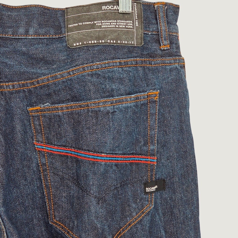 Rocawear Mens 38 x 33 Classic Fit Jeans Dark Indigo Blue Streetwear Cuff Y2K